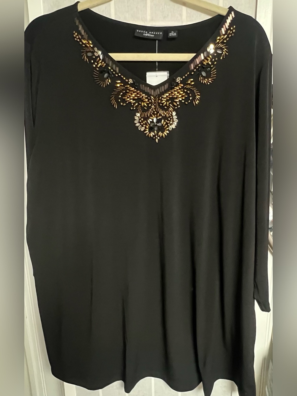 NWT Susan Graver Artisan Liquid Knit Embellished Top Blouse Black Size XL